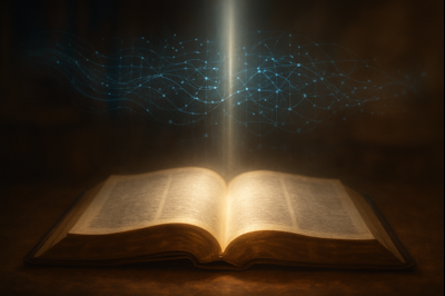 Stylized open Bible with a glowing light